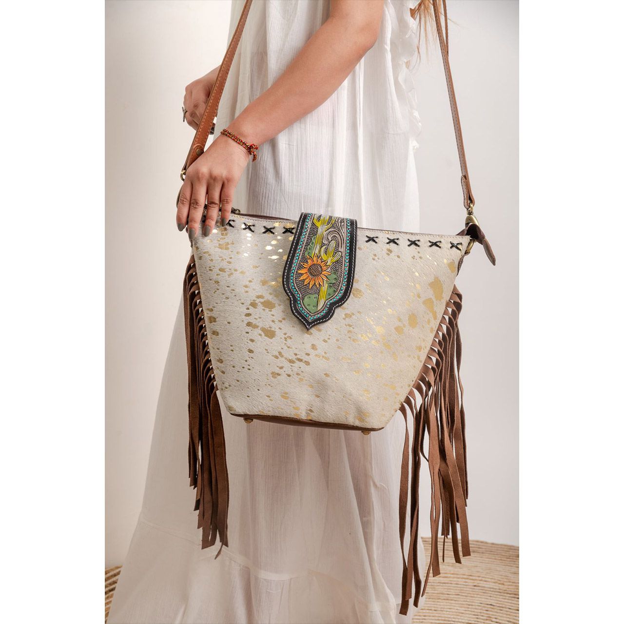 14007-1.jpg Cowhide Tooling Carving Fringe Bag - Image 1