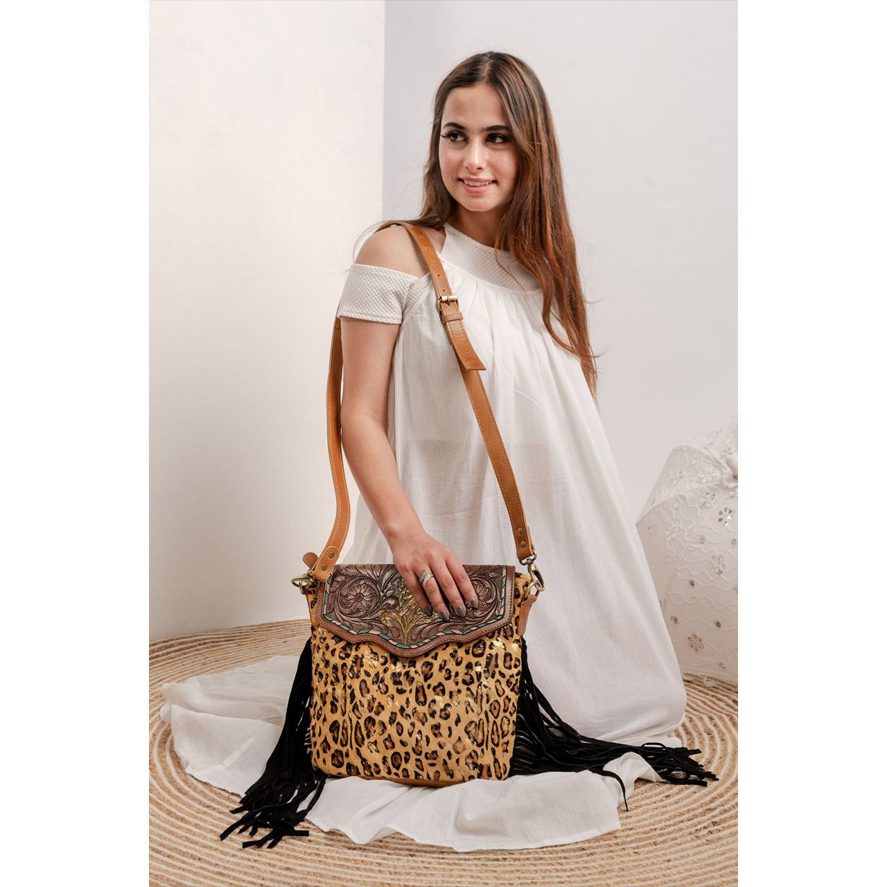 14013-1.jpg Cowhide Tooling Carving Fringe Bag - Image 1
