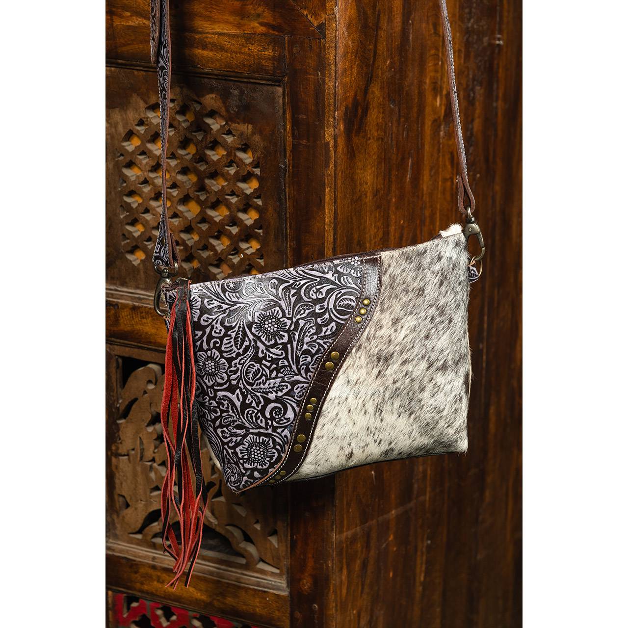 14019-1.jpg Cowhide Tooling Carving Fringe Bag - Image 1