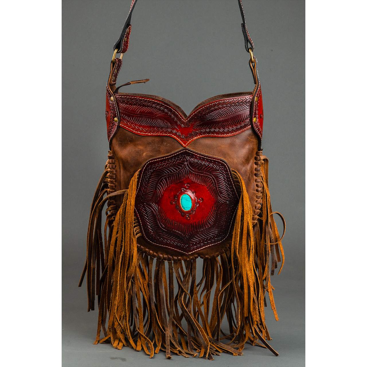 14021-3.jpg Cowhide Tooling Carving Fringe Bag - Image 1
