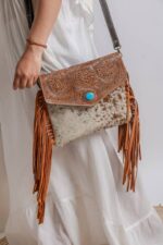 Cowhide Tooling Carving Fringe Bag - Image 3