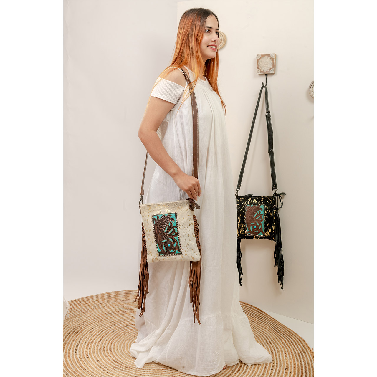 14039-1.jpg Cowhide Tooling Carving Fringe Bag - Image 1