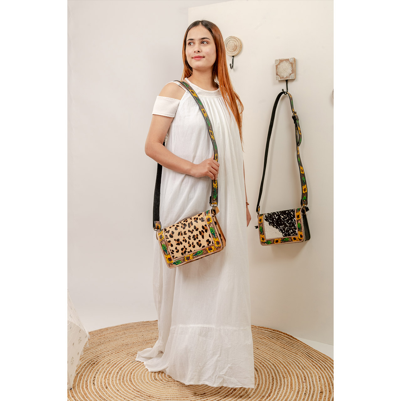 14045-1.jpg Cowhide Tooling Carving Fringe Bag - Image 1