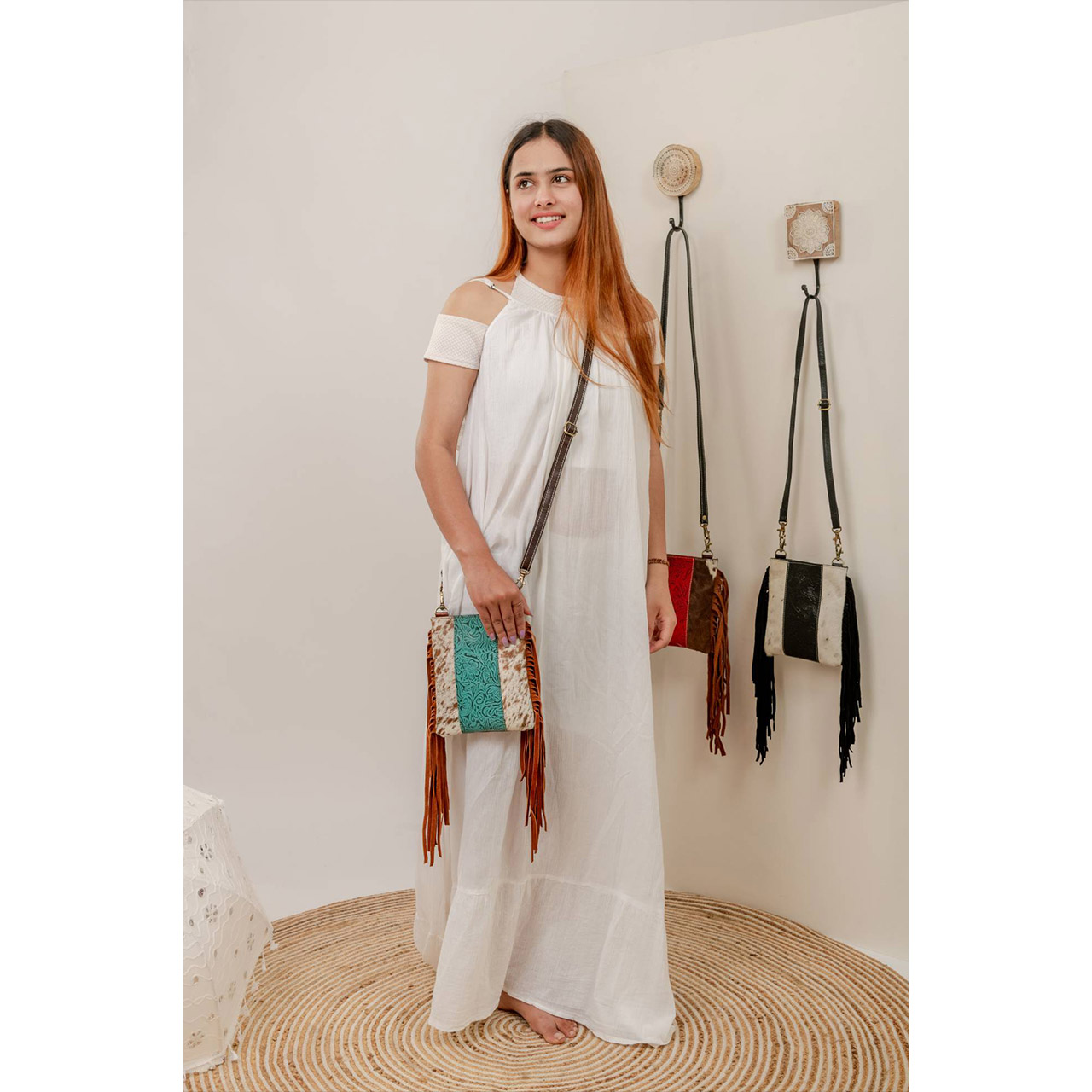 14053-1.jpg Cowhide Tooling Carving Fringe Bag - Image 1