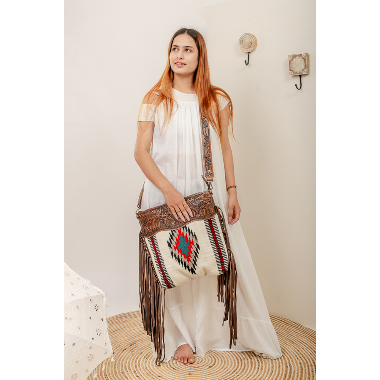 14056-1.jpg Cowhide Tooling Carving Fringe Bag - Image 1