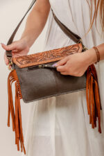 Cowhide Tooling Carving Fringe Bag - Image 3