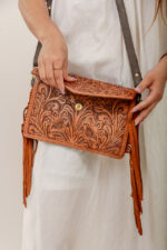 Cowhide Tooling Carving Fringe Bag - Image 6