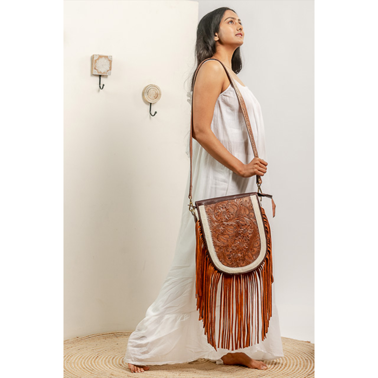 14065-1.jpg Cowhide Tooling Carving Fringe Bag - Image 1