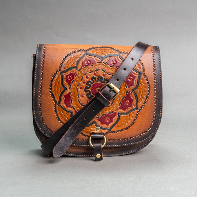 14074-1.jpg Cowhide Tooling Carving Fringe Bag - Image 1