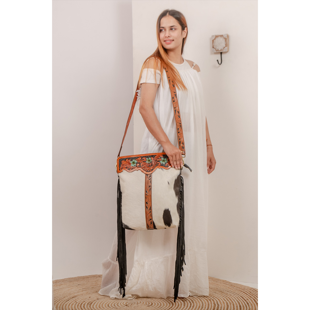 14088-1.jpg Cowhide Tooling Carving Fringe Bag - Image 1