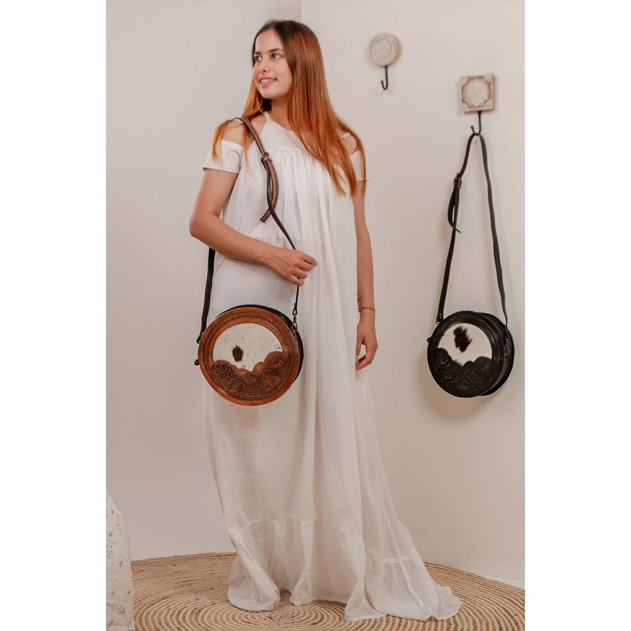 14092-1.jpg Cowhide Tooling Carving Sling Bag - Image 1