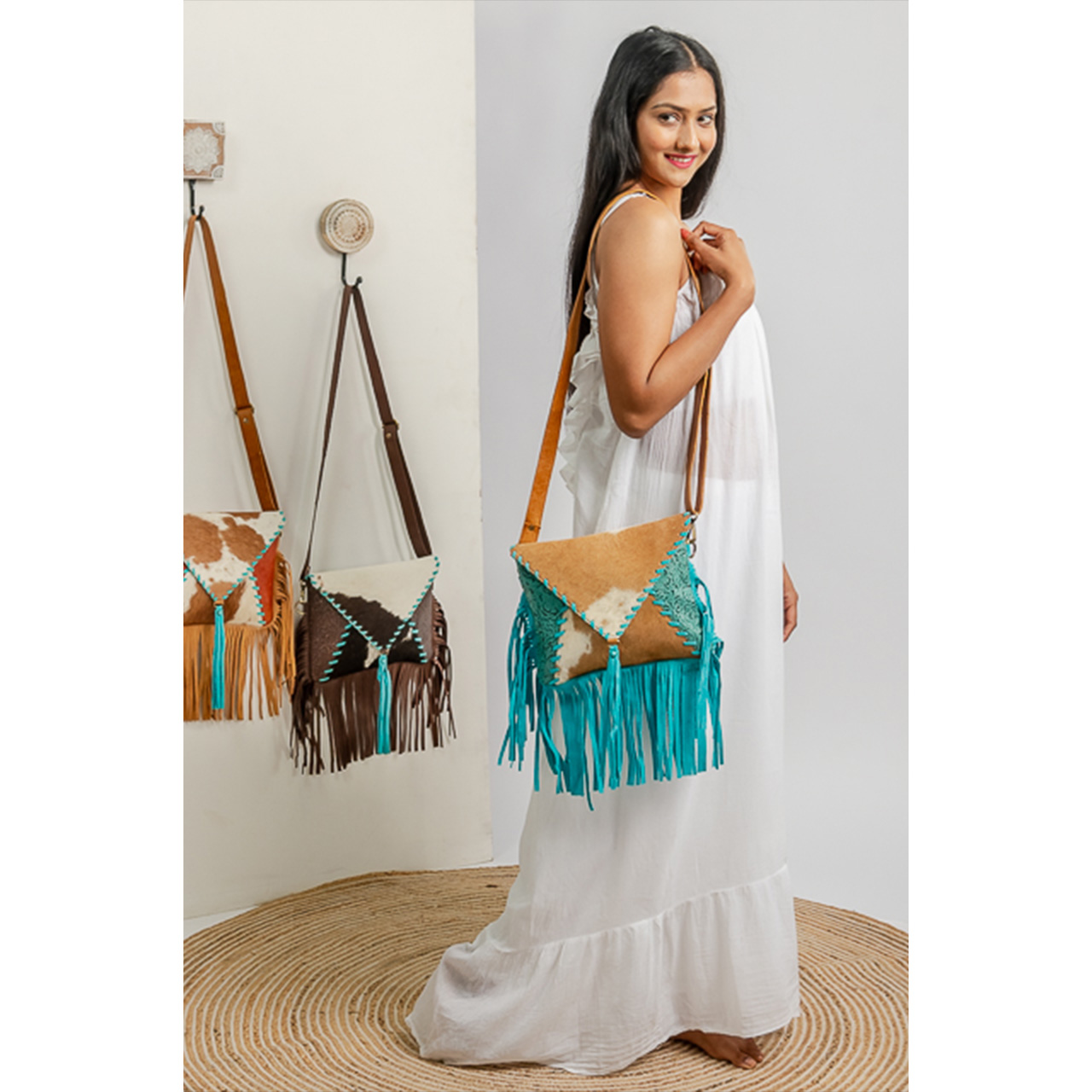 14103-1.jpg Cowhide Tooling Carving Fringe Bag - Image 1