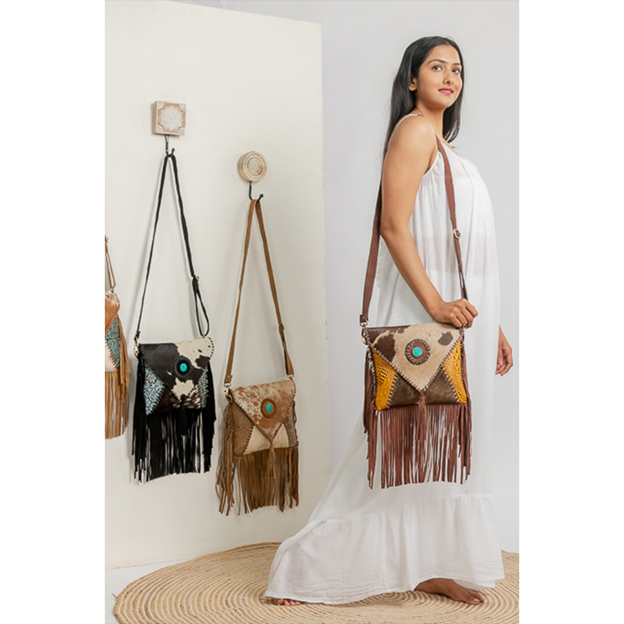 14114-1.jpg Cowhide Tooling Carving Fringe Bag - Image 1