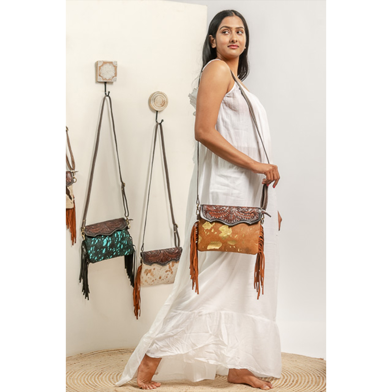 14131-1.jpg Cowhide Tooling Carving Fringe Bag - Image 1