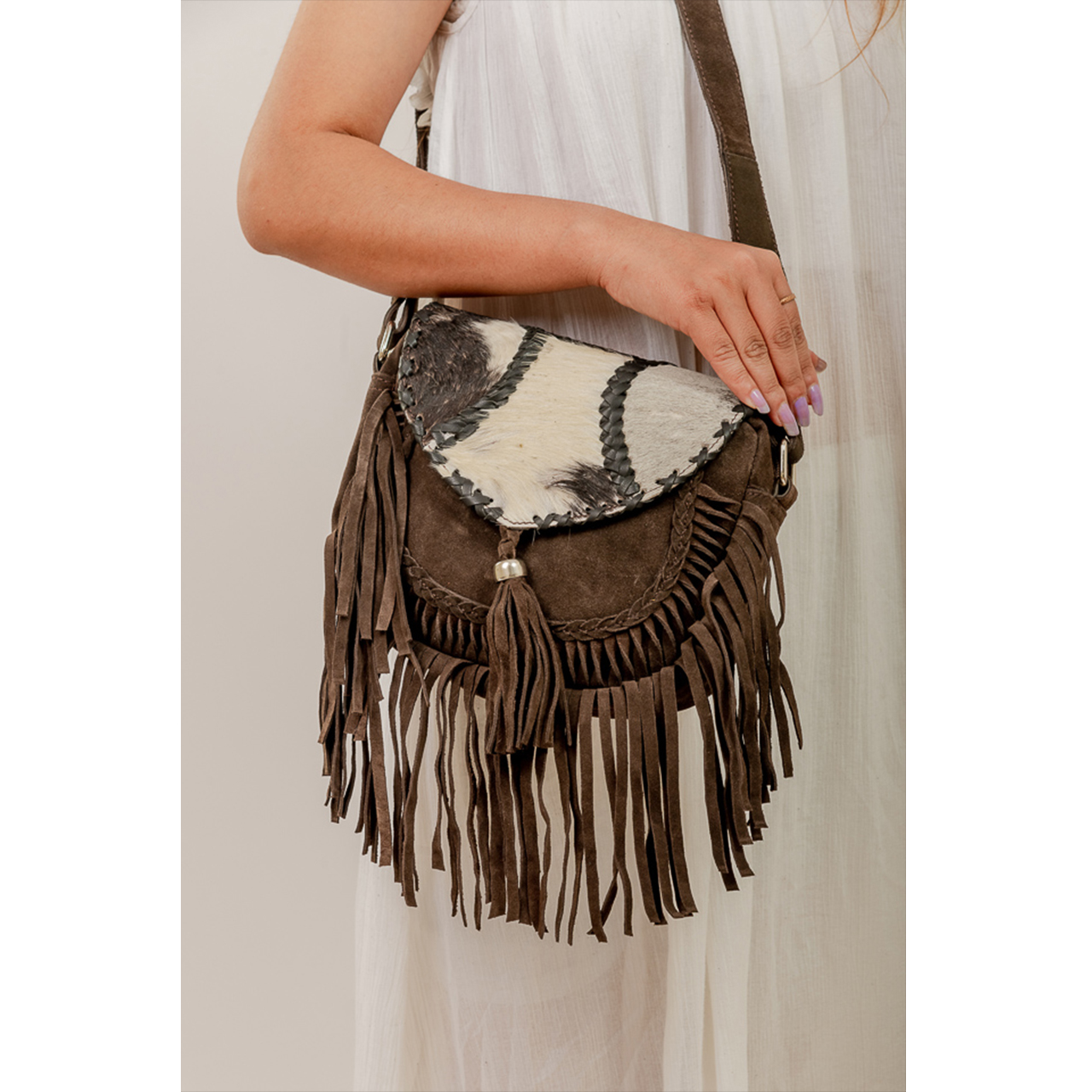 19028-2.jpg Suede Leather Cowhide Fringe Bag - Image 1