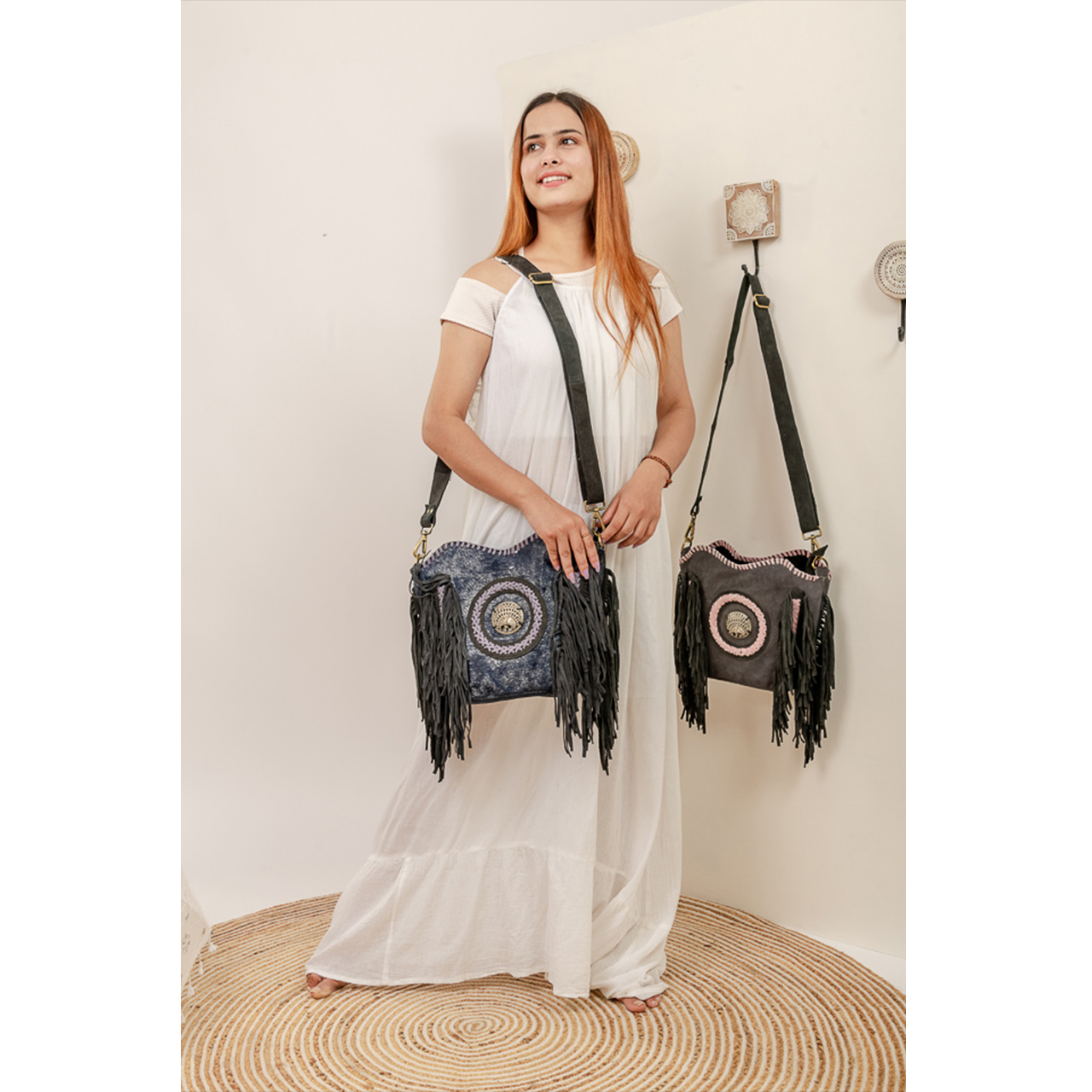 19031-1.jpg Patch Cowhide Fringe Bag - Image 1