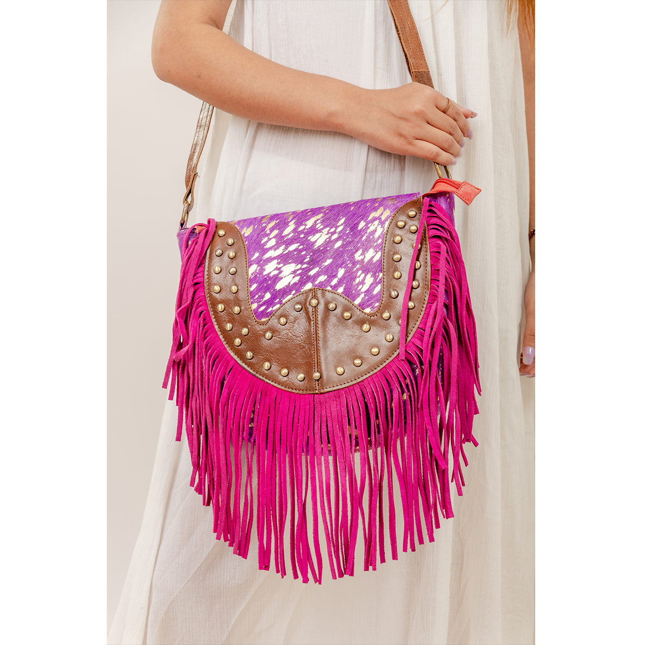 19045-2.jpg Dark Pink Cowhide Fringe Bag - Image 1