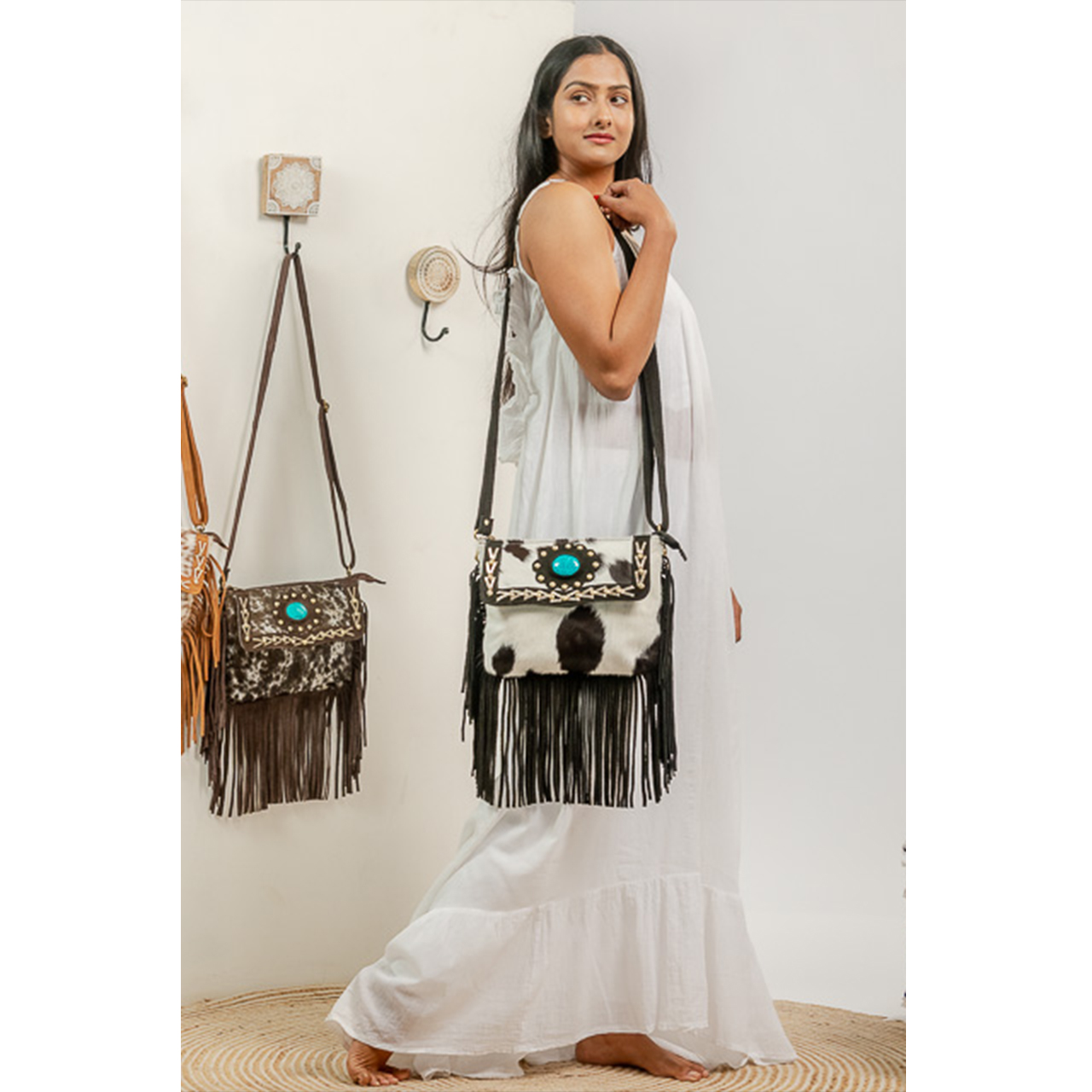 19067-1.jpg Stone Flap Cowhide Fringe Bag - Image 1