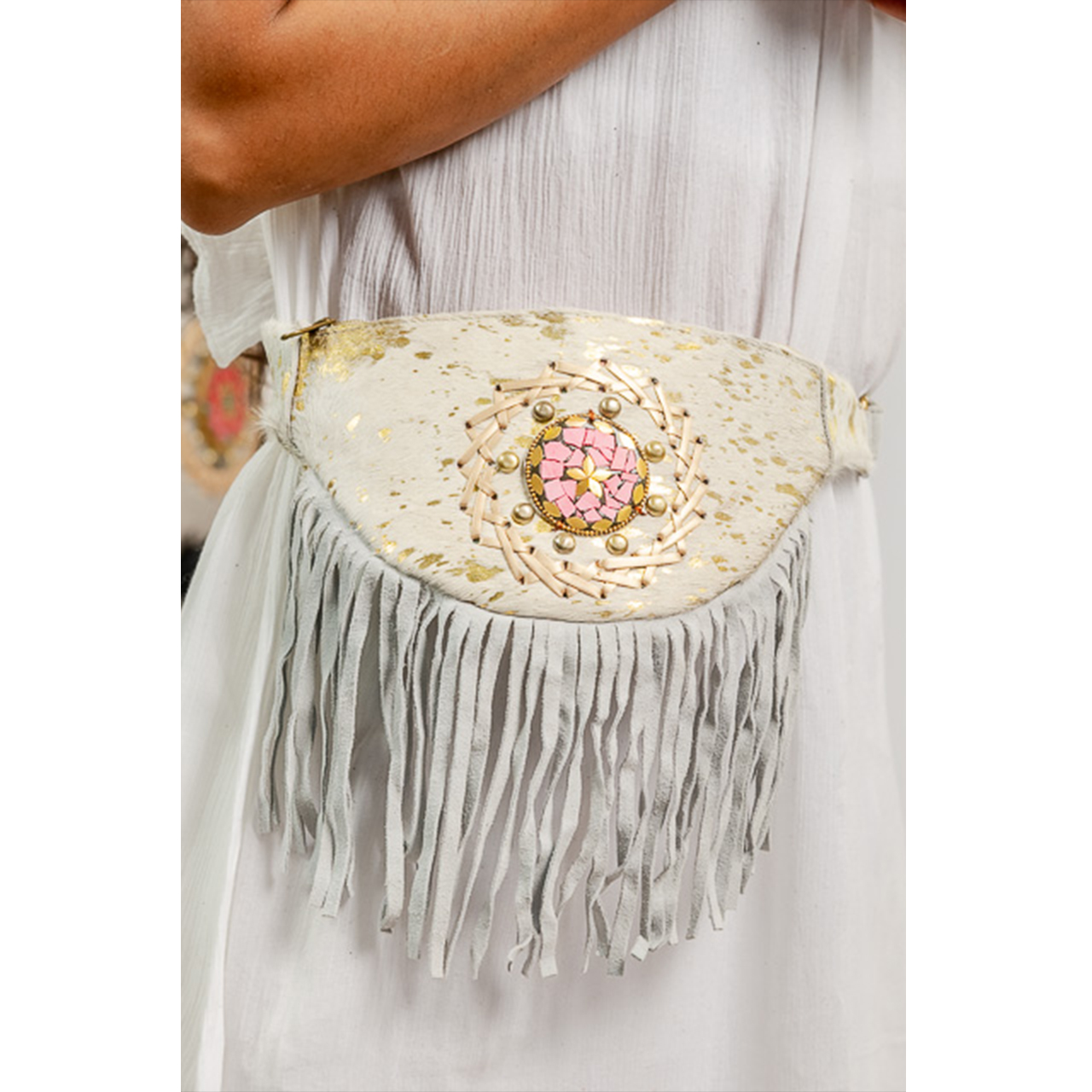 19089-1.jpg Gold Cowhide Fringe Bag - Image 1
