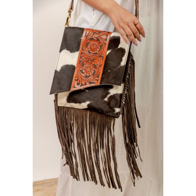 KTK1835.jpg Cowhide Tooling Carving Fringe Bag - Image 1