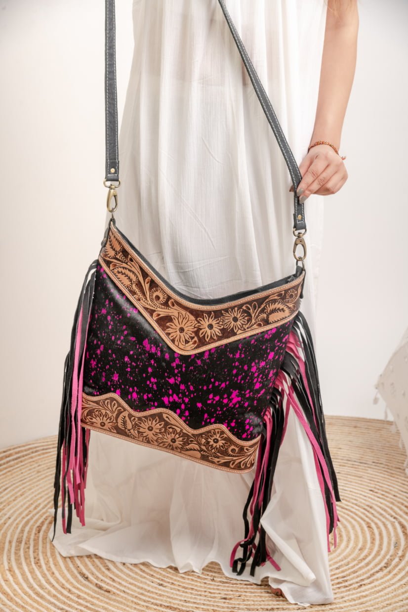 KTK5749.jpg Cowhide Tooling Carving Fringe Bag - Image 1