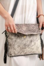 Cowhide Tooling Carving Fringe Bag - Image 3
