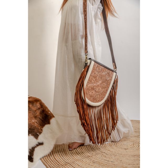 KTK8023.jpg Cowhide Tooling Carving Fringe Bag - Image 1